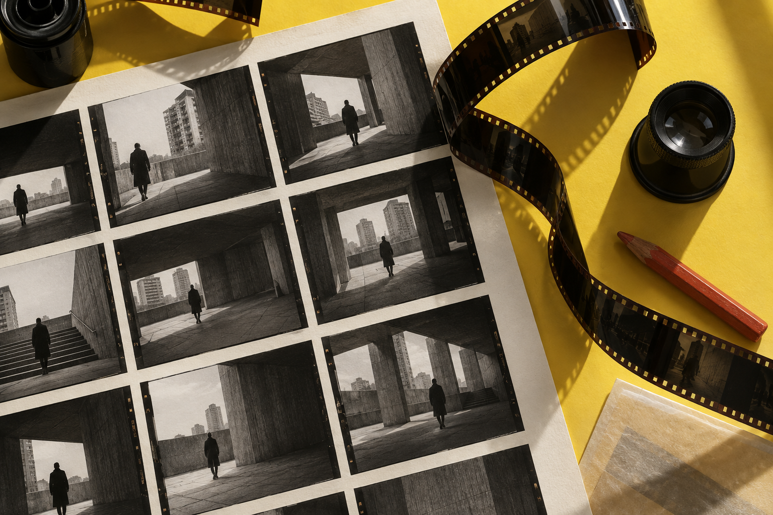 Film negatives and contact prints on a lemon yellow editing table